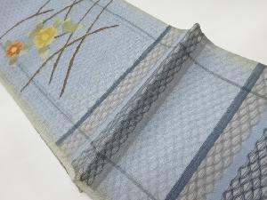 すくい織横縞に草花模様織出し全通夏用袋帯